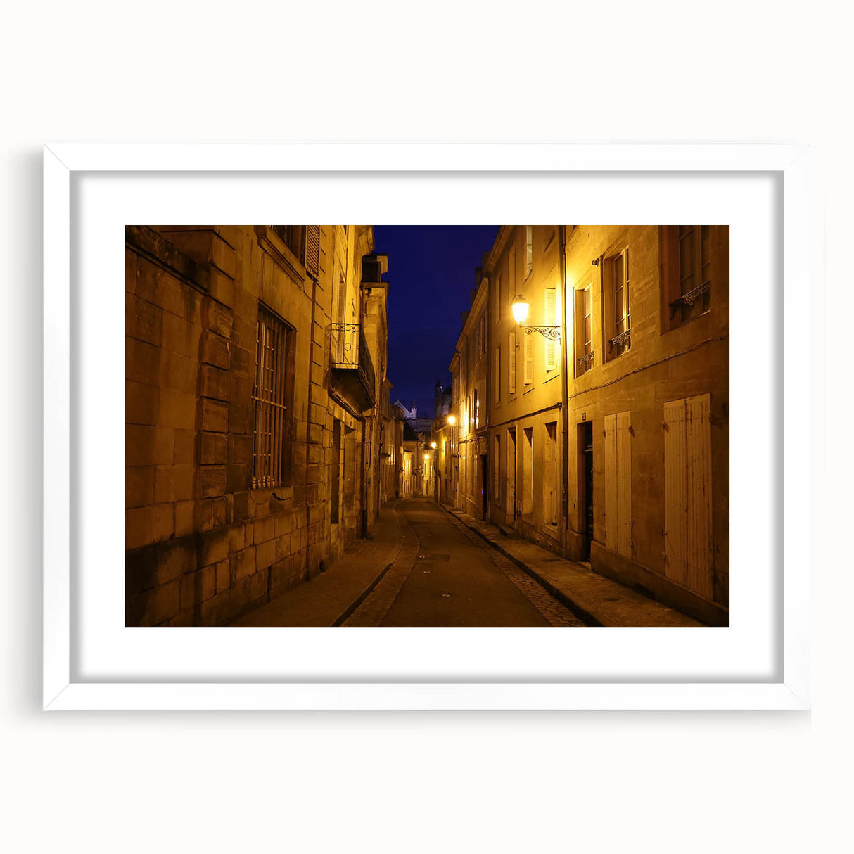 Abstract art print of Stockholm with muted gray and blue tones on a framed white mat, ideal for dining room decor.