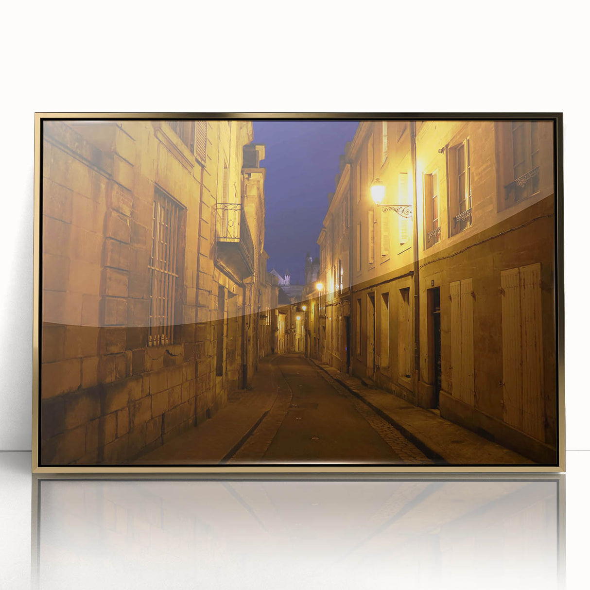 Large acrylic print of Stockholm scenery in mid-century modernist style, with gold frame, suited for modern art wall decor.