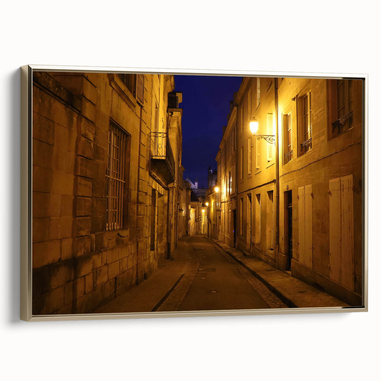 Framed canvas of a vintage-style Stockholm landscape in black and gold, ideal for bedroom wall art.