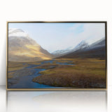 Large art print of a serene Swedish landscape in muted green and blue tones, framed acrylic, ideal for modern art wall decor.
