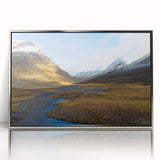Mid-century modernist art depicting a serene Swedish landscape in muted earth tones, framed in silver acrylic.