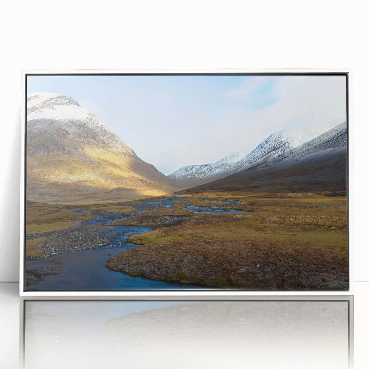 Art deco poster of a European scenery in Sweden, displayed in a white acrylic frame, suited for modern art wall decor.