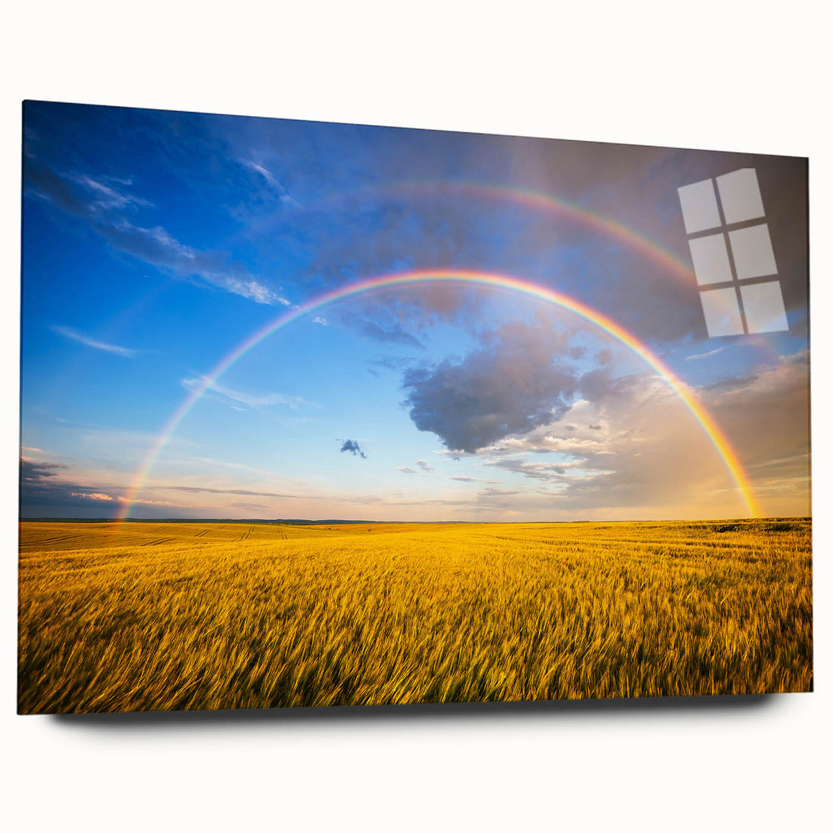 Large abstract wall art of a European scenery in muted blues and greens on acrylic glass.