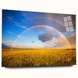 Large abstract wall art of a European scenery in muted blues and greens on acrylic glass.