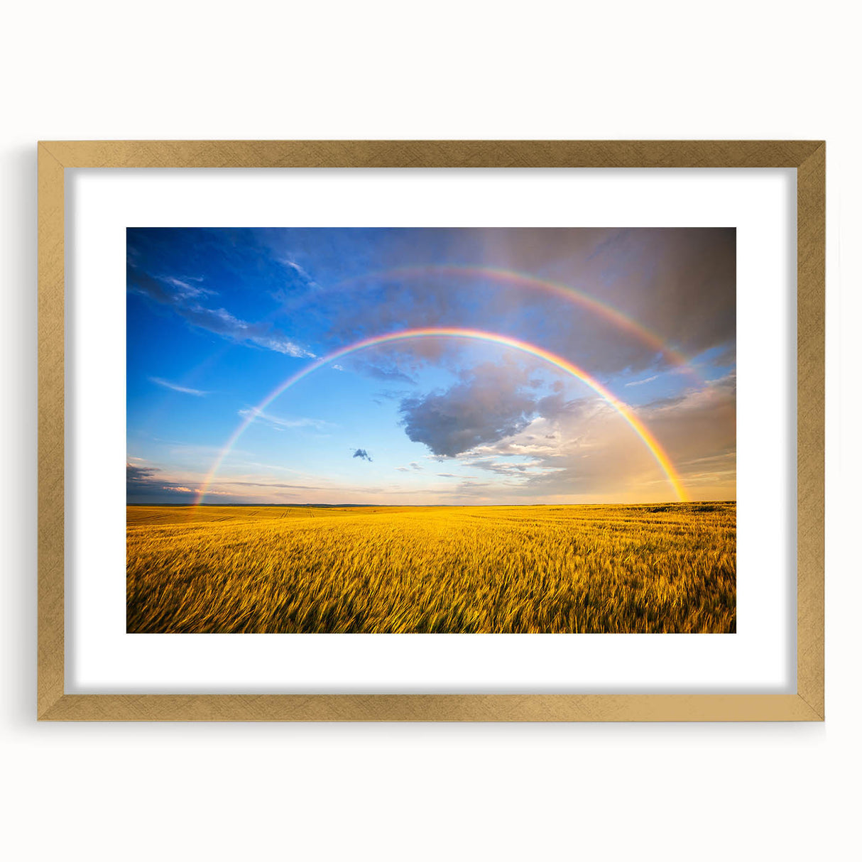 Extra large abstract art print depicting a textured European landscape in muted earth tones, framed in gold.