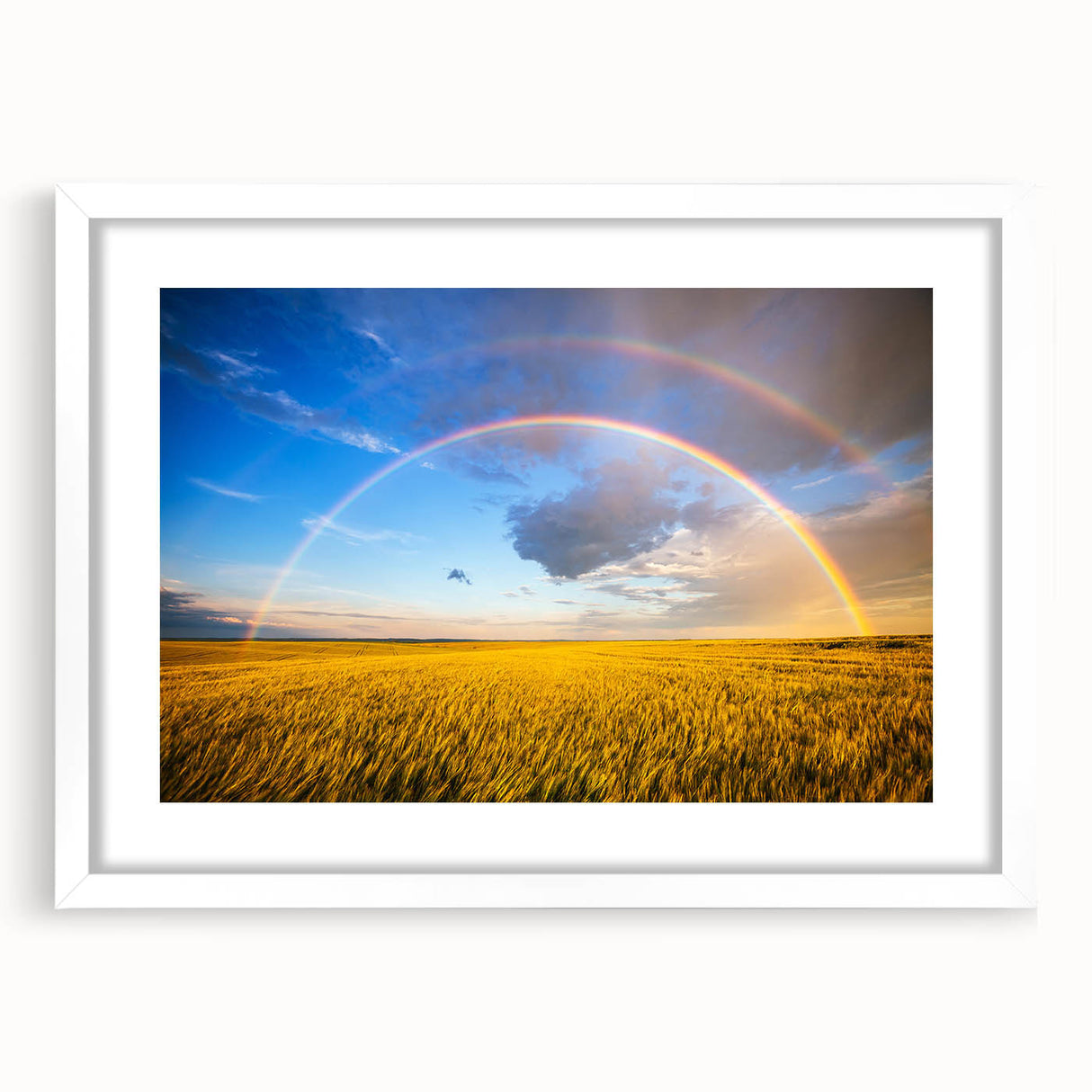 Abstract art print of a European landscape in muted blues and greens on a white framed canvas.