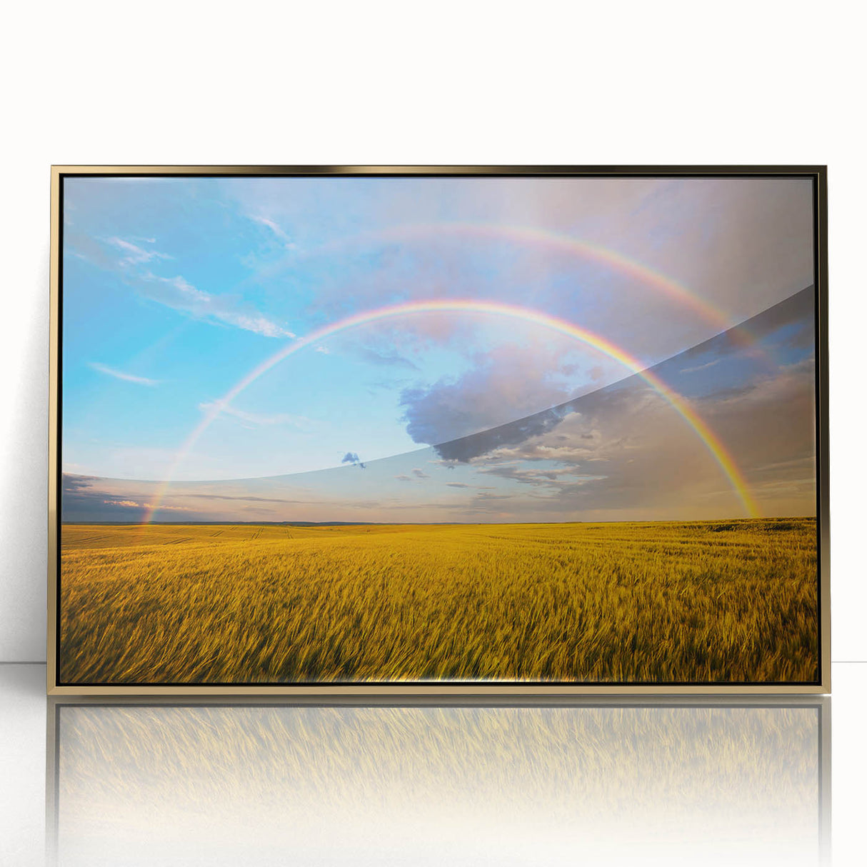 Large acrylic print of a serene Ukrainian landscape in muted earth tones, framed in gold, suitable for modern art wall decor.