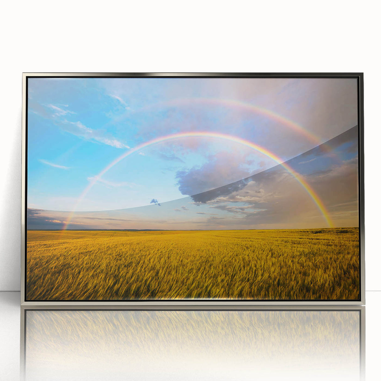 Mid-century modernist art depicting a serene Ukrainian landscape in muted earth tones, silver-framed acrylic.