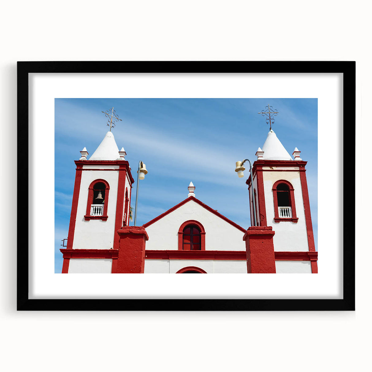 Extra large abstract art print of colorful Baja California scenery on textured canvas, framed in black.