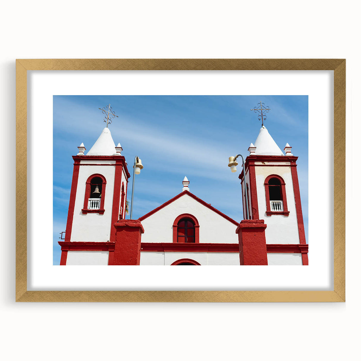 Extra large abstract art print depicting Baja California scenery in textured shades of blue and gold, framed with a gold mat.