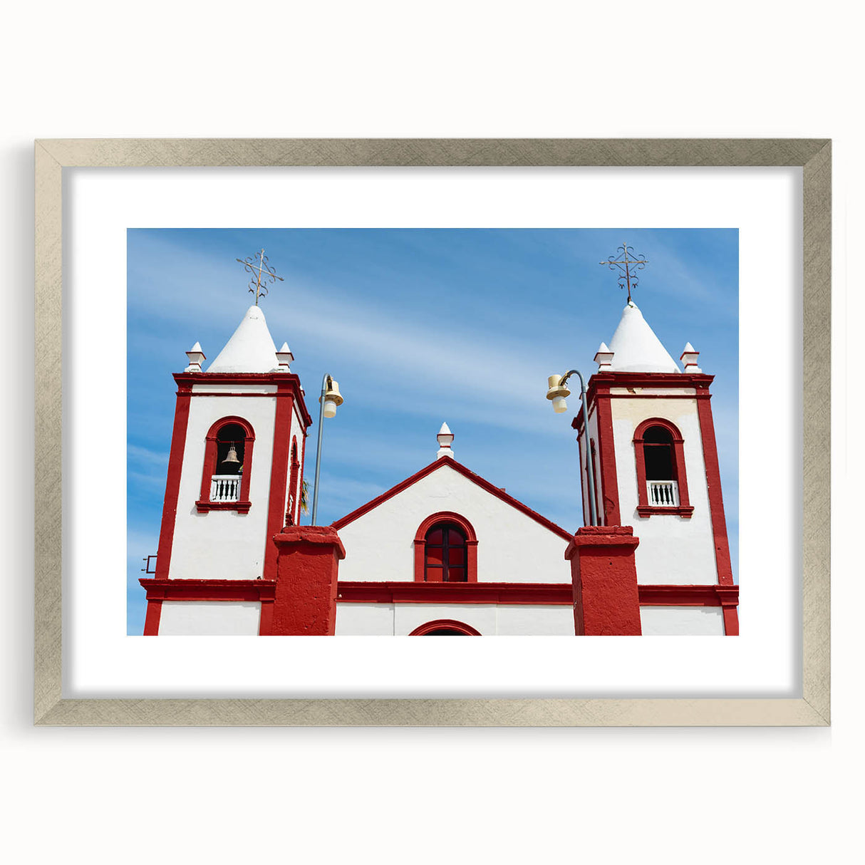 Textured abstract art print of Baja California scenery in muted earth tones, framed in silver, ideal for bedroom art.