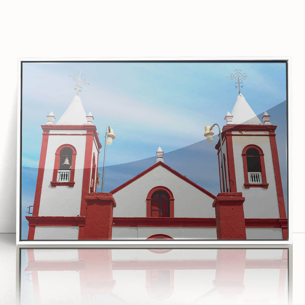 Art deco poster of Baja California scenery with muted earth tones on a white framed acrylic.
