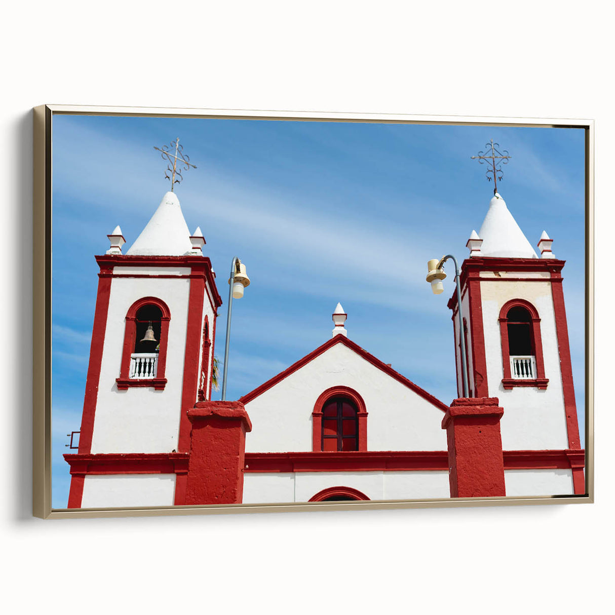 Framed canvas featuring a vintage-style landscape painting of Baja California, with muted earth tones.