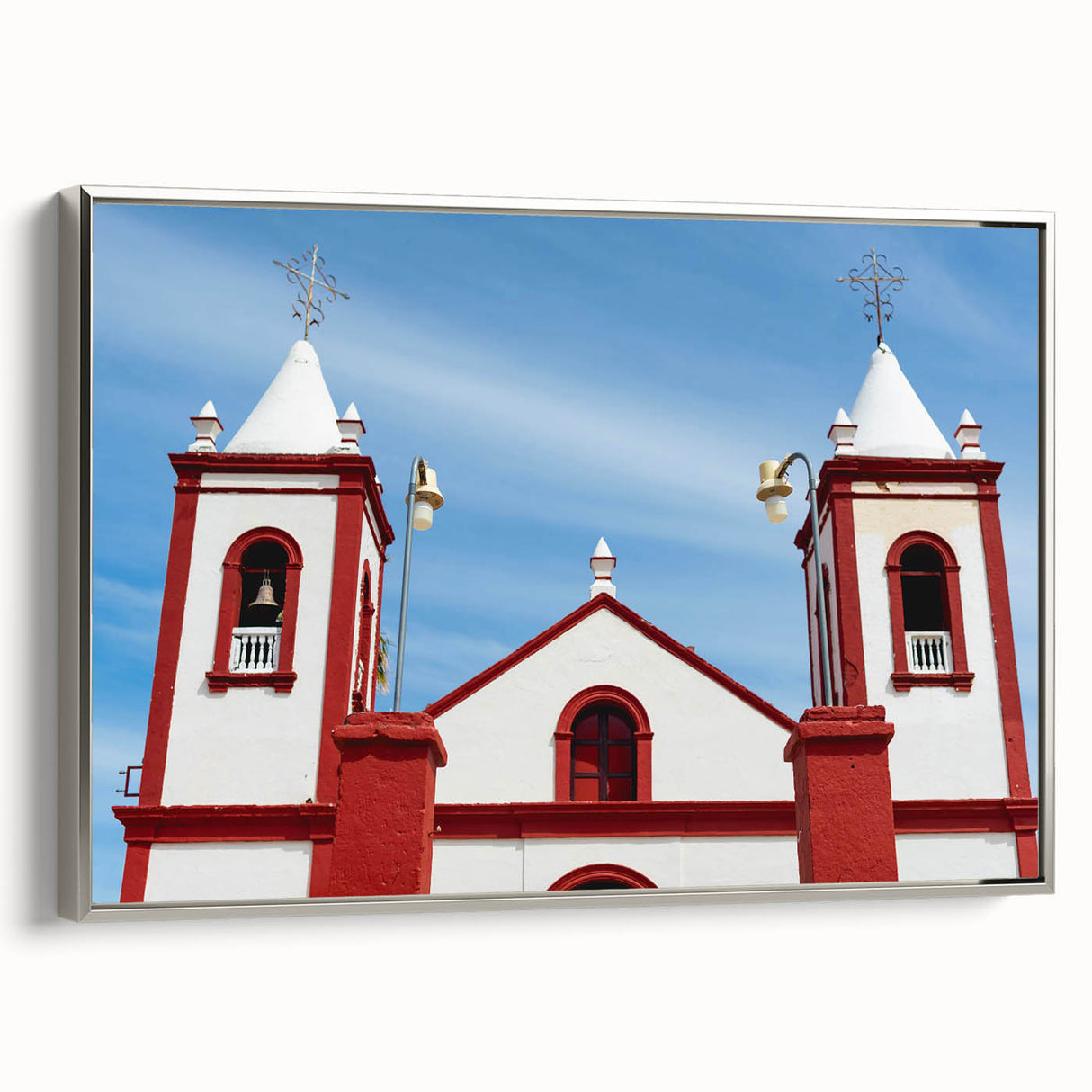 Landscape art painting of Baja California with colorful accents on a silver-framed canvas.
