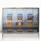 Mid-century modernist art depicting Mexico City in muted silver and gray tones on a framed acrylic.