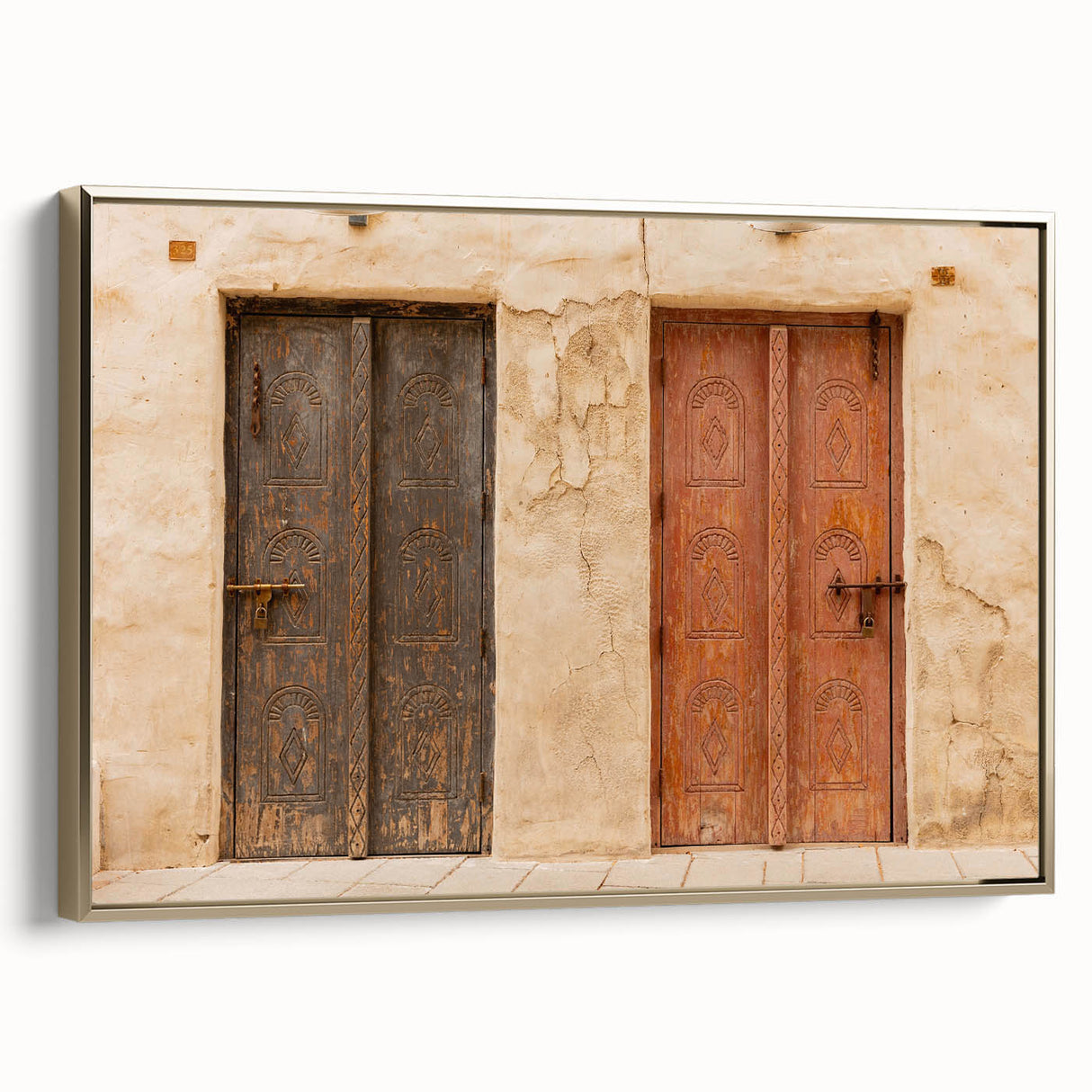 Framed canvas depicting a vintage-style landscape of Dubai in muted gold and black tones, ideal for bedroom wall art.