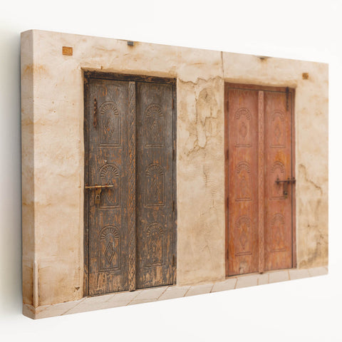 Large canvas print of Dubai skyline in muted earth tones, ideal for kitchen wall art.