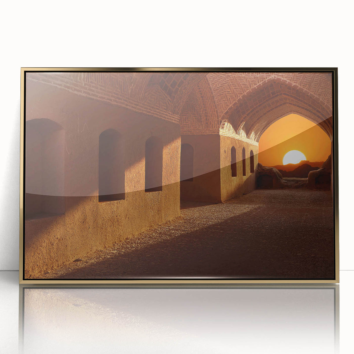 Acrylic print of a Middle Eastern landscape in gold and earth tones, framed, suitable for modern art wall decor.