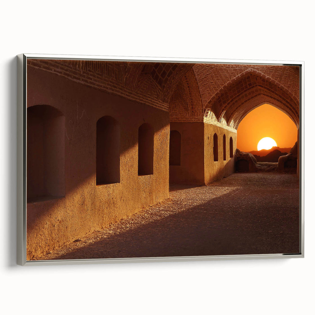 Landscape art painting of a Middle Eastern scenery on a framed canvas in muted earth tones, ideal for living room decor.