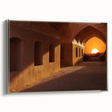 Landscape art painting of a Middle Eastern scenery on a framed canvas in muted earth tones, ideal for living room decor.