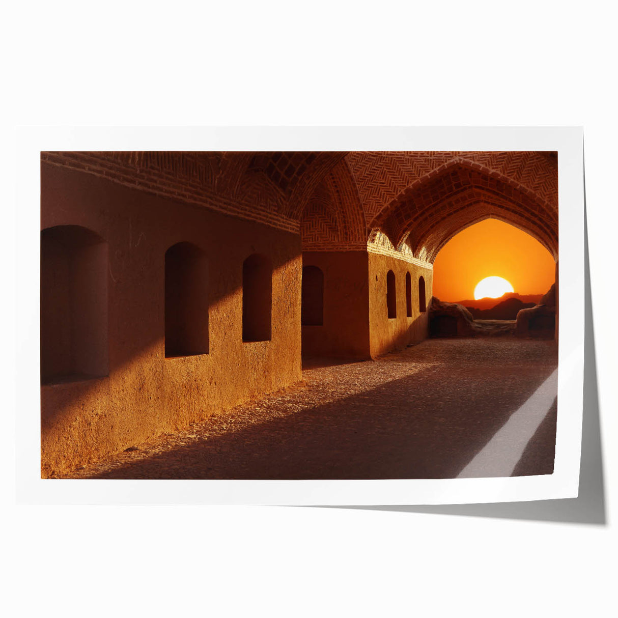 Extra large rolled print of a Middle Eastern scenery with floral elements in earthy tones, ideal for art wall dining room.