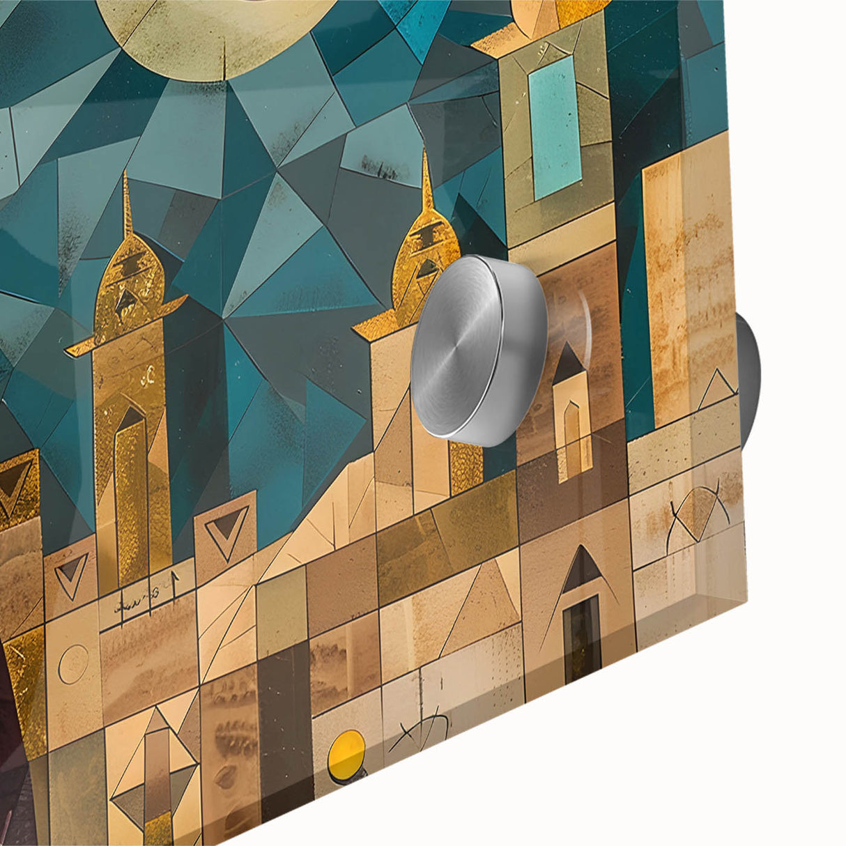 Large abstract wall art depicting Middle Eastern scenery in muted earth tones on acrylic glass.