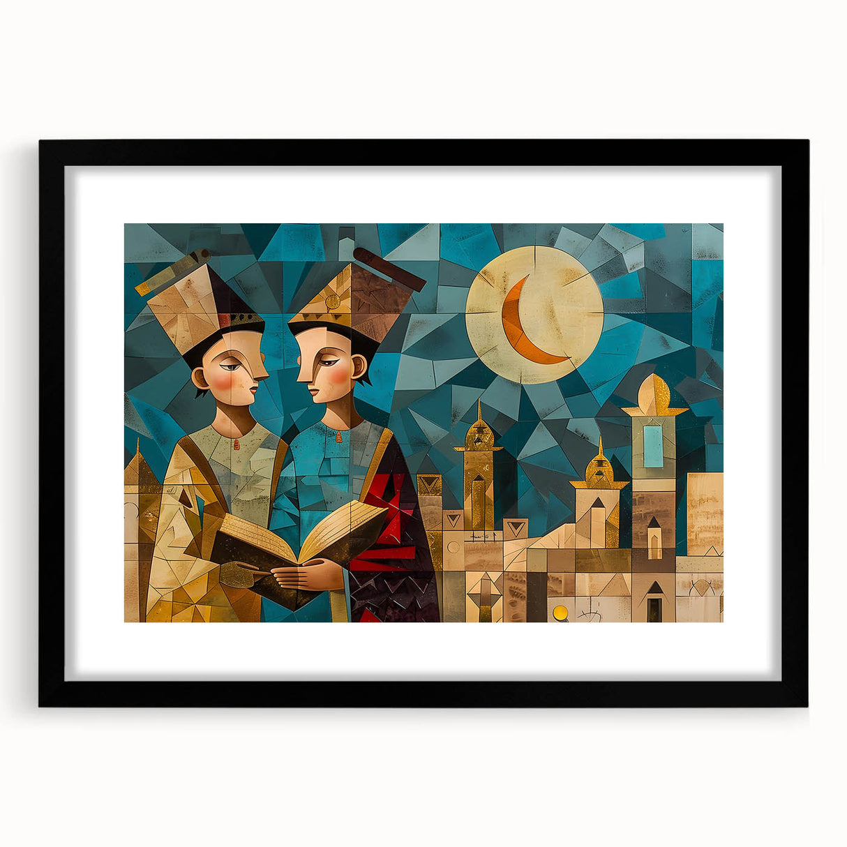 Colorful abstract art print of a Middle Eastern scenery in vibrant hues on a large textured canvas.