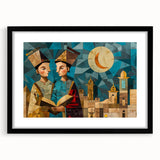 Colorful abstract art print of a Middle Eastern scenery in vibrant hues on a large textured canvas.
