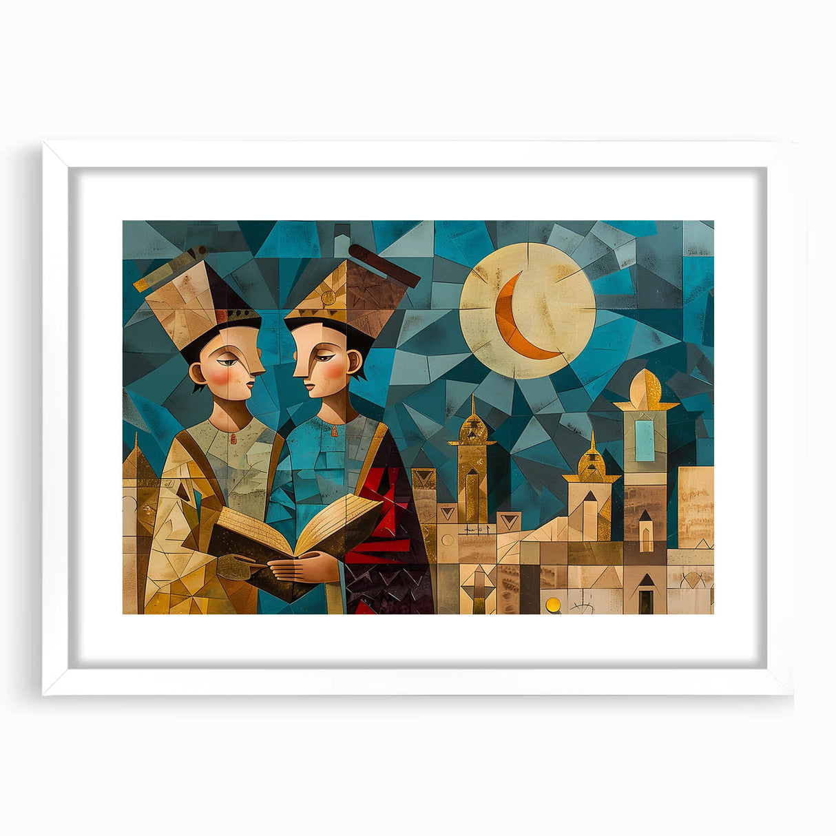 Abstract art print of a Middle Eastern landscape in earthy tones, framed with a white mat, suitable for dining room decor.