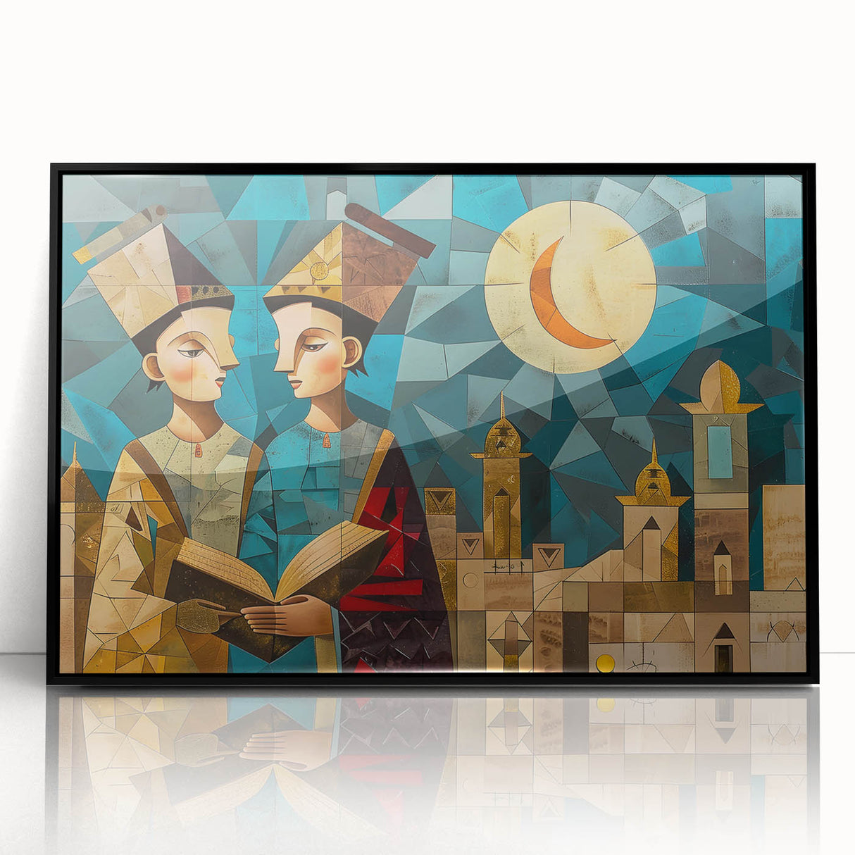 Large abstract wall art depicting Middle Eastern scenery in muted earth tones on a framed acrylic.