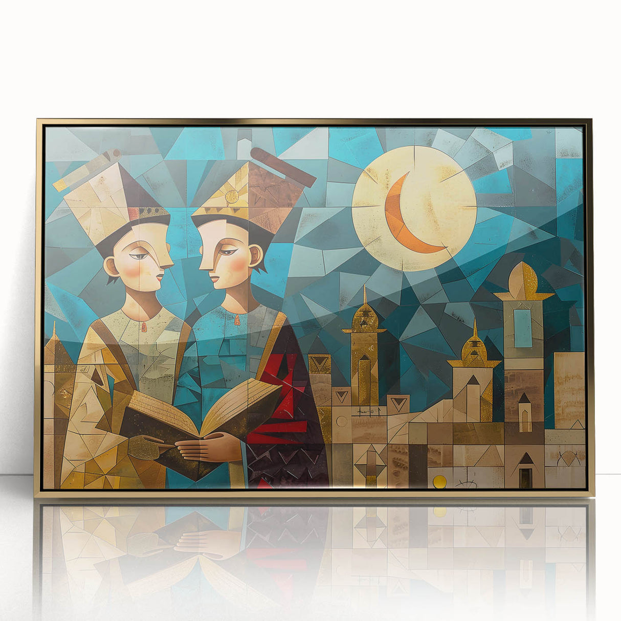 Acrylic print of a Mid-Century Modernist Iraqi landscape in gold tones, ideal for modern art wall decor.