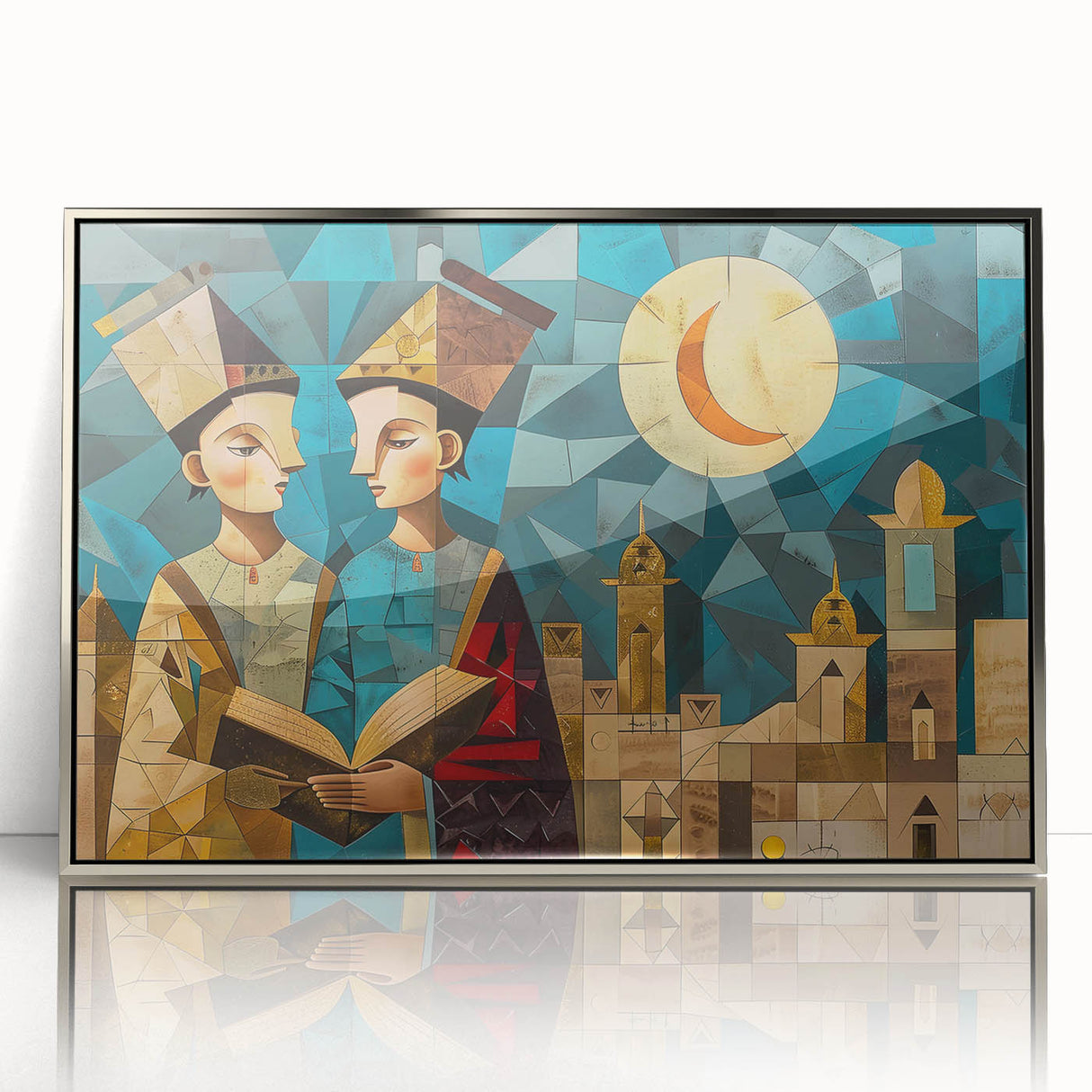 Mid-century modernist art of an abstract Iraqi landscape in muted earth tones, framed in silver acrylic.