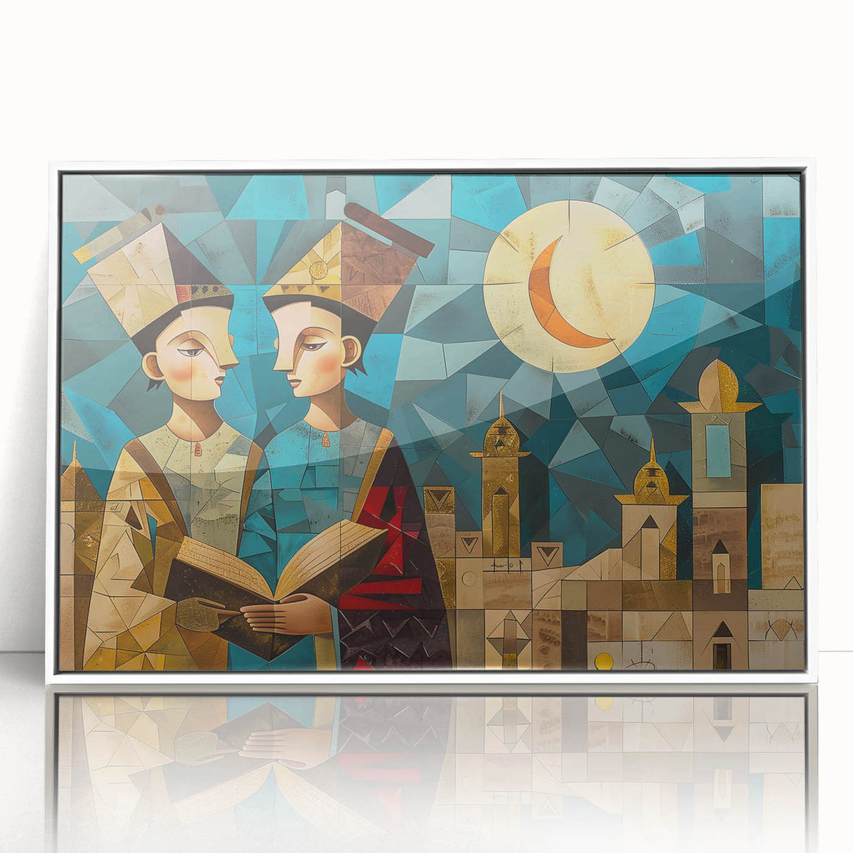 Acrylic print of modern art depicting a Middle Eastern landscape, framed in white, suitable for nursery wall decor.