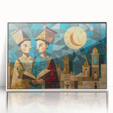 Acrylic print of modern art depicting a Middle Eastern landscape, framed in white, suitable for nursery wall decor.