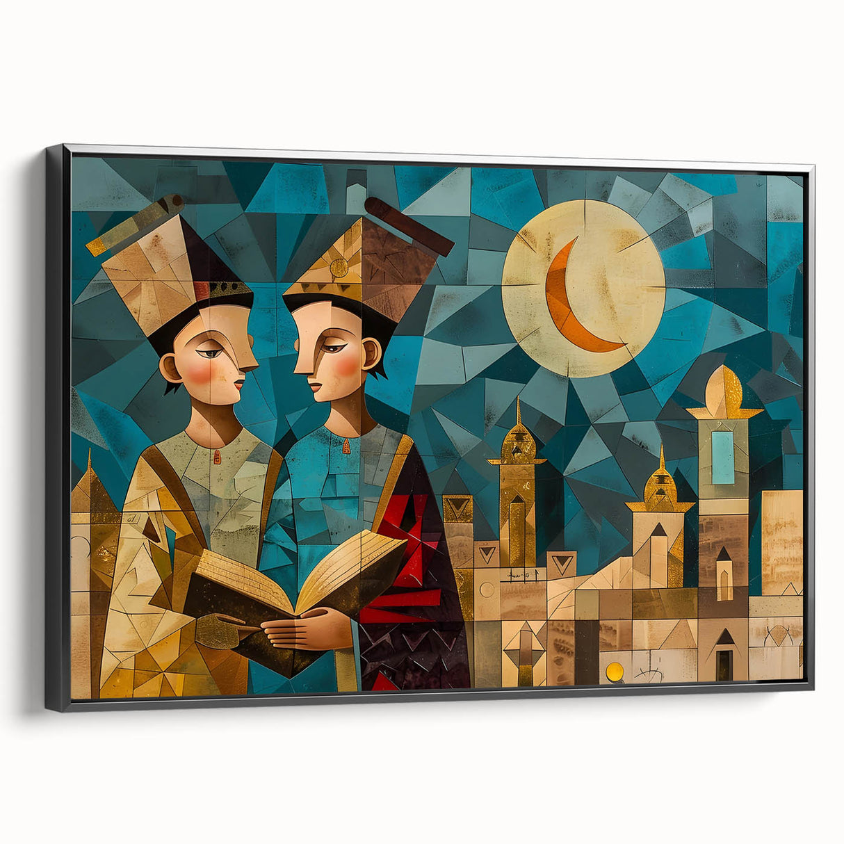 Black and white landscape art painting of a Middle Eastern scenery on framed canvas, suitable for bedroom wall decor.