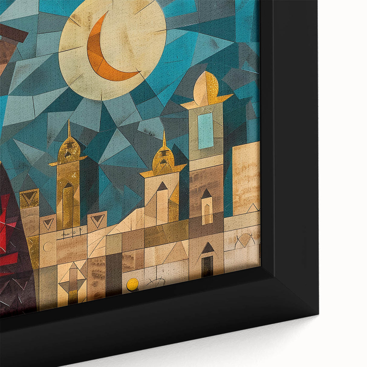 Black wall art depicting a Middle Eastern scenery on a large framed canvas with textured, colorful art elements.