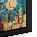 Black wall art depicting a Middle Eastern scenery on a large framed canvas with textured, colorful art elements.