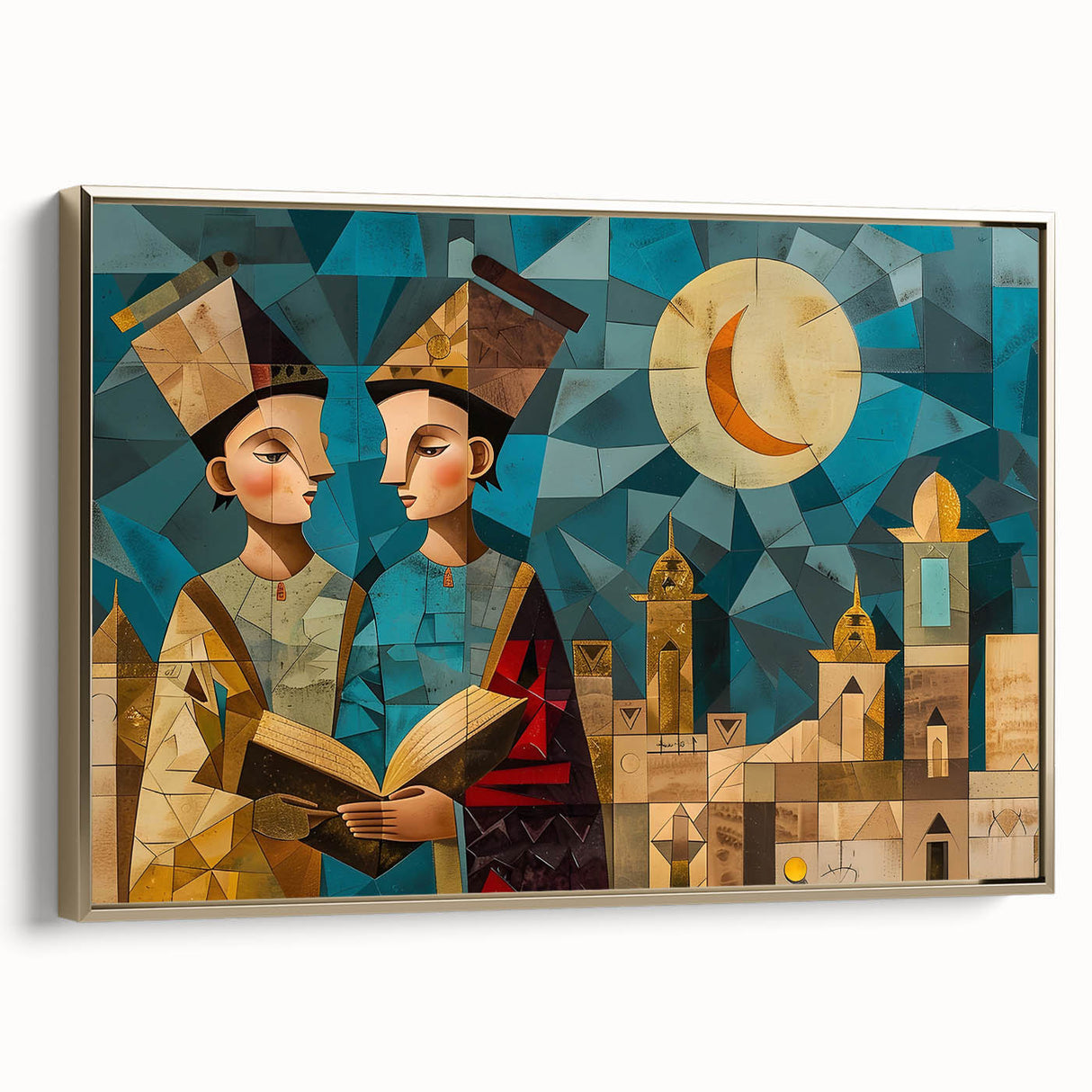 Framed canvas depicting a vintage-style landscape of a Middle Eastern scenery in gold and black tones.