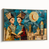 Framed canvas depicting a vintage-style landscape of a Middle Eastern scenery in gold and black tones.
