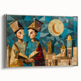 Vintage poster-style landscape art painting of a Middle Eastern scene, featuring colorful art elements and a black frame.