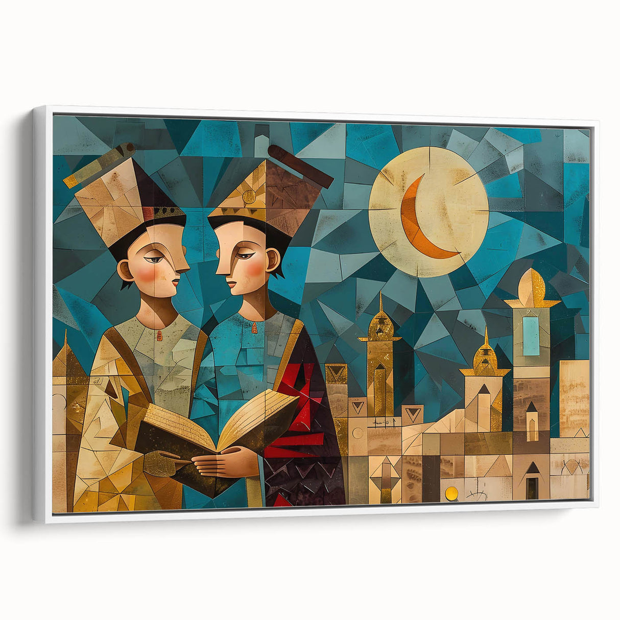 Vintage poster art of a Middle Eastern scenery on extra large framed canvas, featuring colorful art on a black background.