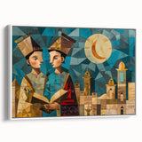 Vintage poster art of a Middle Eastern scenery on extra large framed canvas, featuring colorful art on a black background.