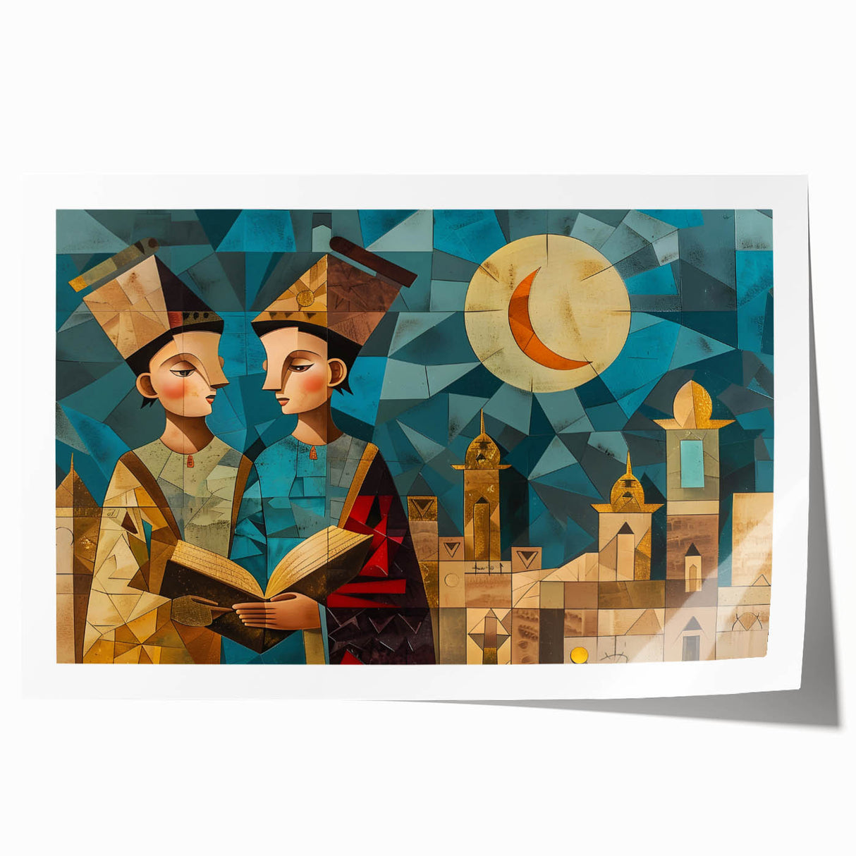 Extra large rolled print of a Middle Eastern scenery with floral elements in muted earth tones.