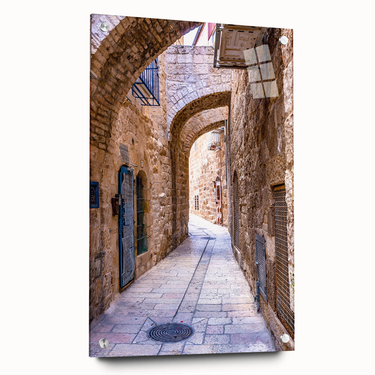 Acrylic glass print of Tel Aviv skyline in muted earth tones, ideal for bedroom or dining room decor.
