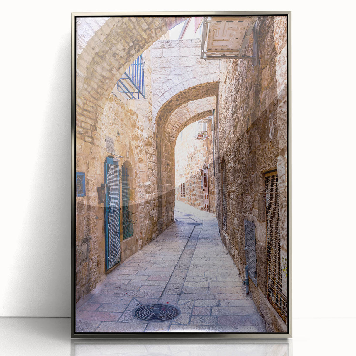 Mid-century modernist art of Tel Aviv skyline in muted earth tones, framed acrylic print, suitable for modern art wall decor.