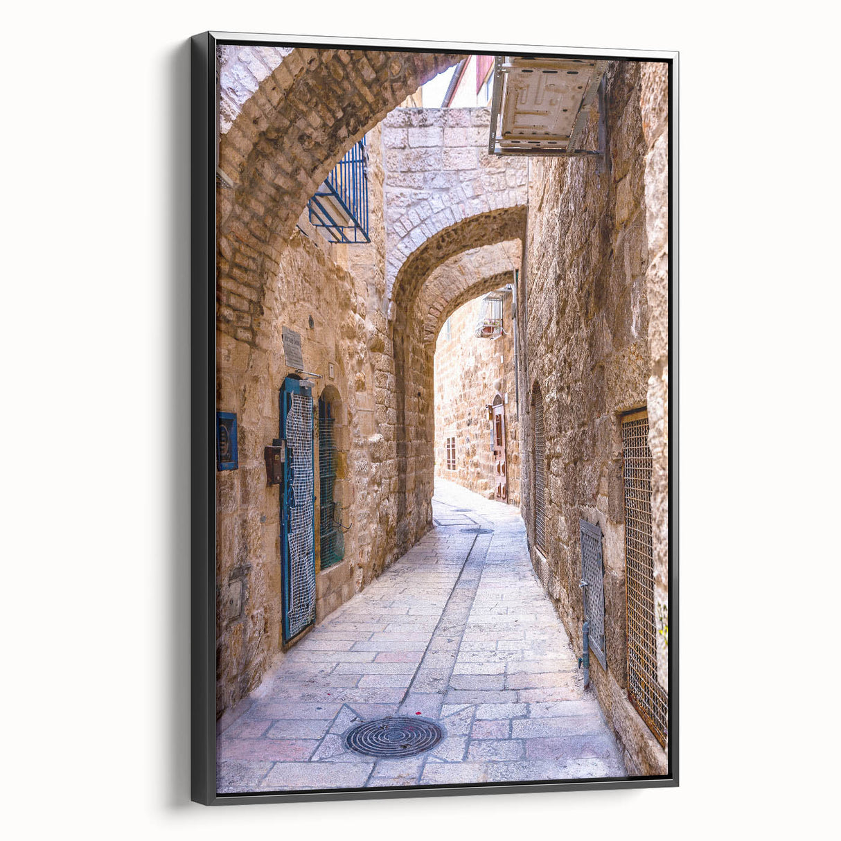 Black and white framed canvas of Tel Aviv landscape, ideal for bedroom wall art in a vintage poster style.