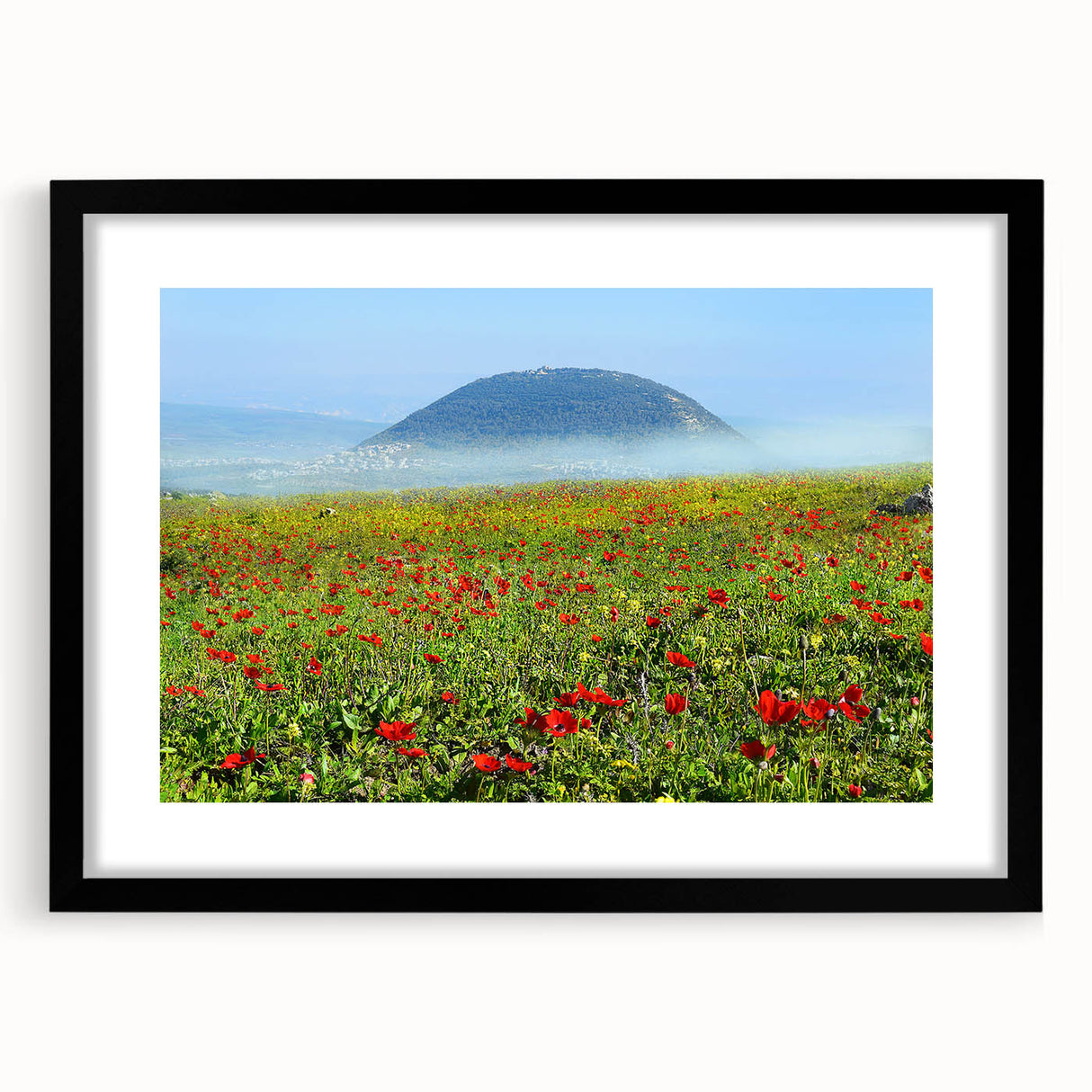Extra large abstract art print of a colorful, textured Middle Eastern scenery on a framed canvas.