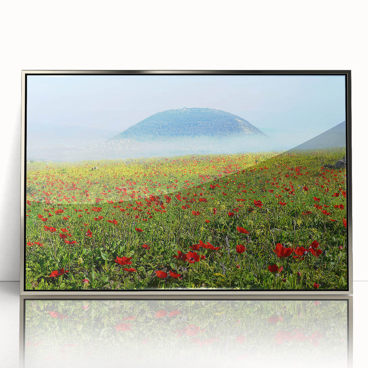 Mid-century modernist art depicting a scenic Middle East landscape in muted earth tones on a framed acrylic.