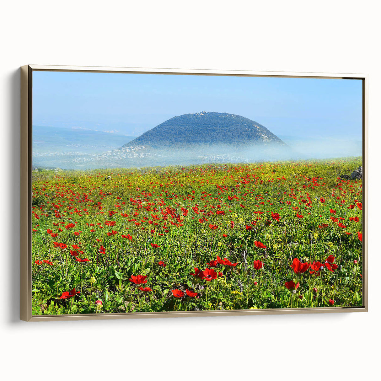 Framed canvas featuring a vintage-style landscape painting of the Middle Eastern scenery, with muted gold and black tones.