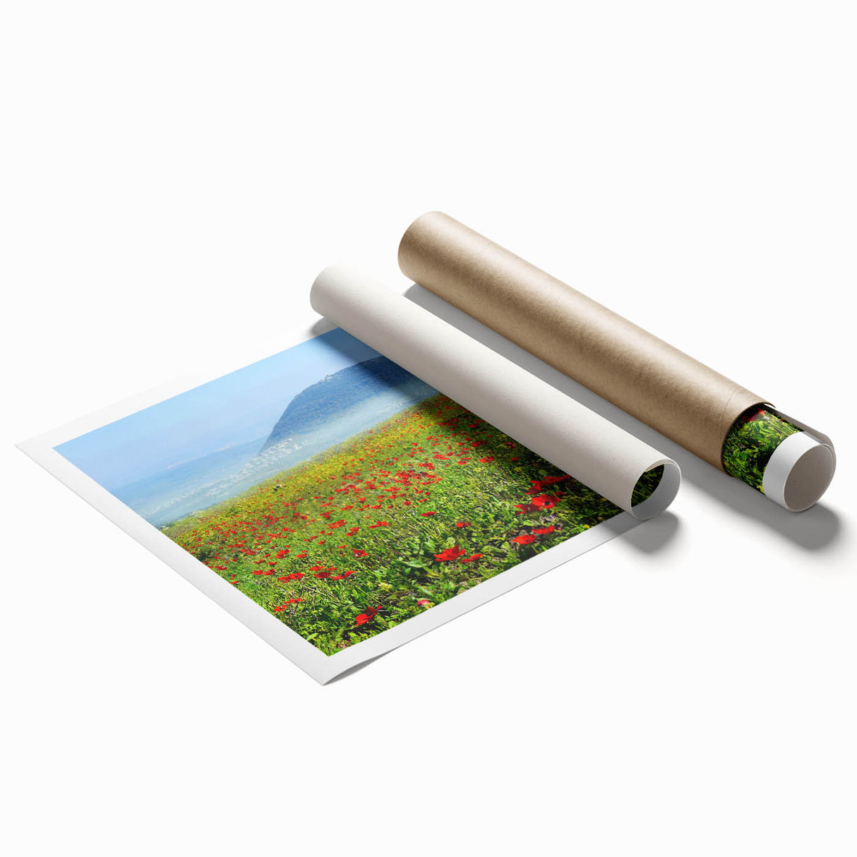 Extra large rolled print of Middle Eastern scenery with floral elements in muted colors.
